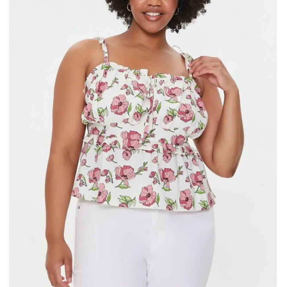 Forever 21 Pink Floral Boho Cami Top Bow Tie Straps Cottagecore Plus Size 2X